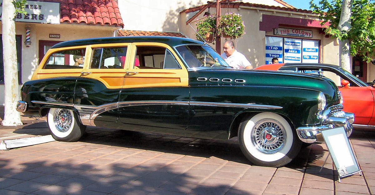 Buick Roadmaster Series 70 Model 79 Station Wagon Model Owned and restored by Jay Betty Nordgren of West Garden Grove California USA This is number 269 of a total of 420 built The original price was 3 407 00 making it the most expensive 1950 Buick model It has a wheelbase of 126 25 inches and a weight of 4 370 lbs The engine is a 320 in Fireball straight-8 with a 2-barrel carburetor developing 152 brake horsepower The transmission is a Buick Dynaflow The restored woodwork is white ash with mahogany trim The paint is not the original color a 3-stage paint job employing a Black Pearl base coat an Organic Green Candy coat over that and a clear-coat on top