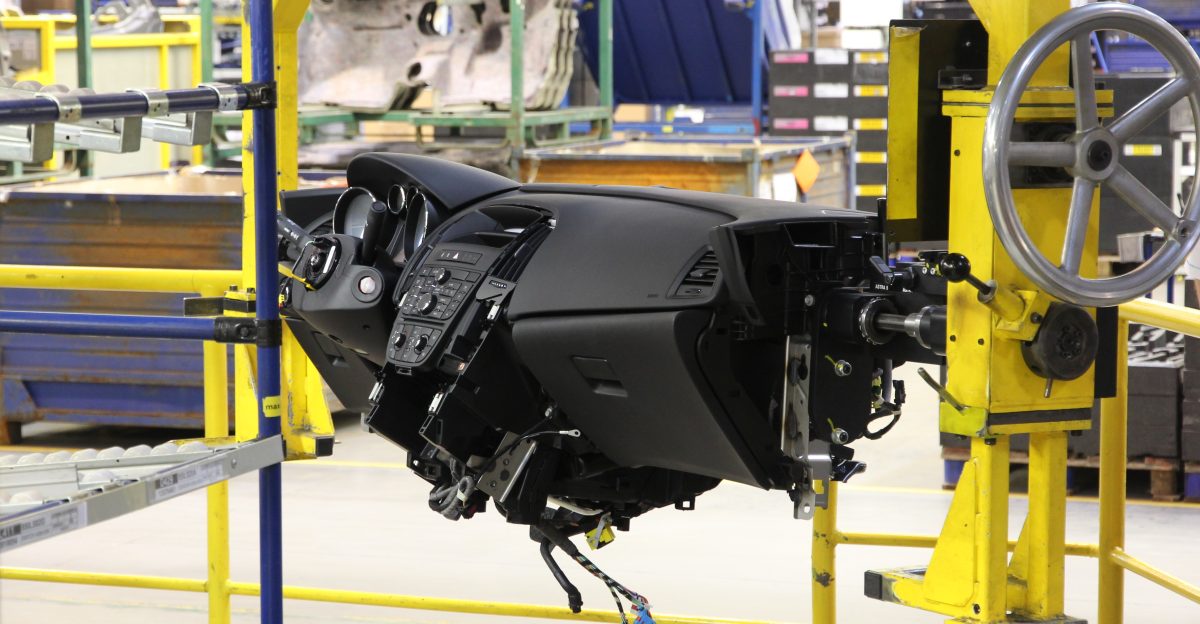 Car dashboard at a factory assembly line Opel Astra J manufactured in General Motors Manufacturing Poland plant in Gliwice