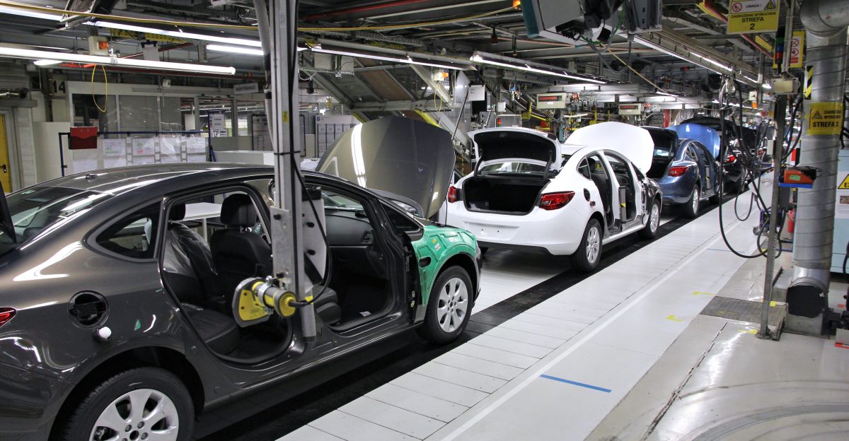Car factory assembly line Opel Astra J manufactured in General Motors Manufacturing Poland plant in Gliwice