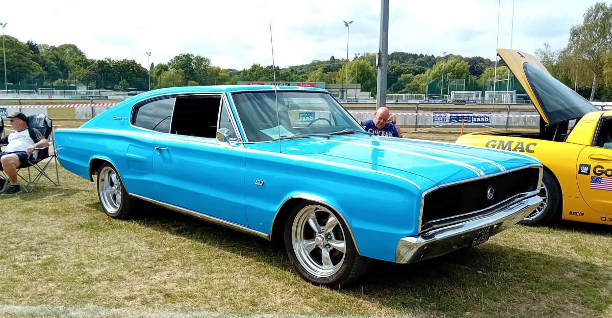 Dodge Charger 2-door fastback with 383 cu in 6 3 litre V8 Reg PUA645D at the 2025 Bristol American Classic Car Show Keynsham Rugby Club 24 August 2025
