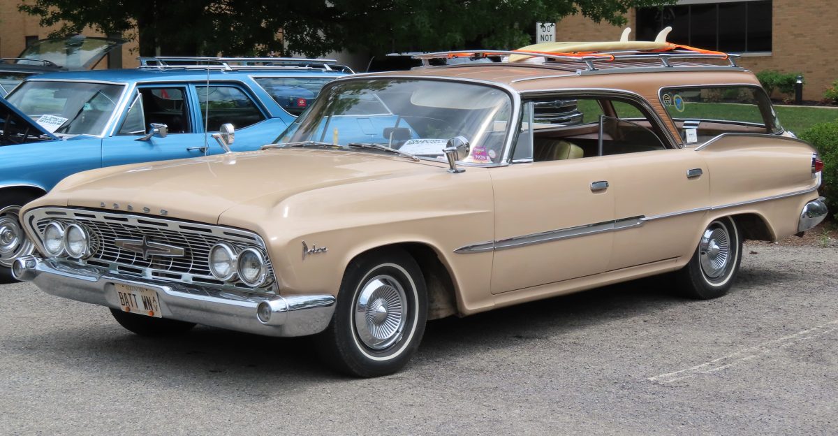 Dodge Polara hardtop wagon photographed at the July 15 2023 International Station Wagon Club meet in Butler Pennsylvania Finished in Buckskin with a Roman Bronze Iridescent roof