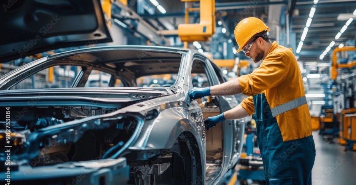Engineer worker in automotive factory car manufacturing process assembly line production by YudhArt