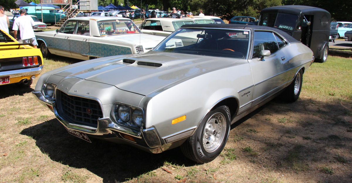 The Ford Torino was built from 1968-76 For 1972 the Torino was redesigned the styling emphasized the long hood short deck look as well as coke bottle styling more than ever before The most radical change was a large eggcrate grille in an oval opening and separate quad headlights on the Gran Torinos base Torinos had a full width grille The convertible the 4 door hardtop and the Cobra were discontinued as the Torino line was focused more on luxury than performance The Torino remained the base level available in 4 door Sedan 2 door Hardtop Coupe and 4 door Wagon The luxury car was the Gran Torino available in 4 door Sedan 2 door hardtop Coupe and 4 door Squire Wagon simulated woodgrain panels The Torino Brougham was an option package on this car The performance model was the Gran Torino Sport in 2 door Hardtop Coupe or 2 door Fastback Coupe Sportsroof They got an intergrated hood scoop and body coloured racing mirrors The Ranchero Pickup was available in base 500 Squire simulated woodgrain panels and the sporty GT Engines 95hp 250 cu in 6 cyl 140hp 302 161hp 351 168hp 400 or 208hp 429 cu in V8s