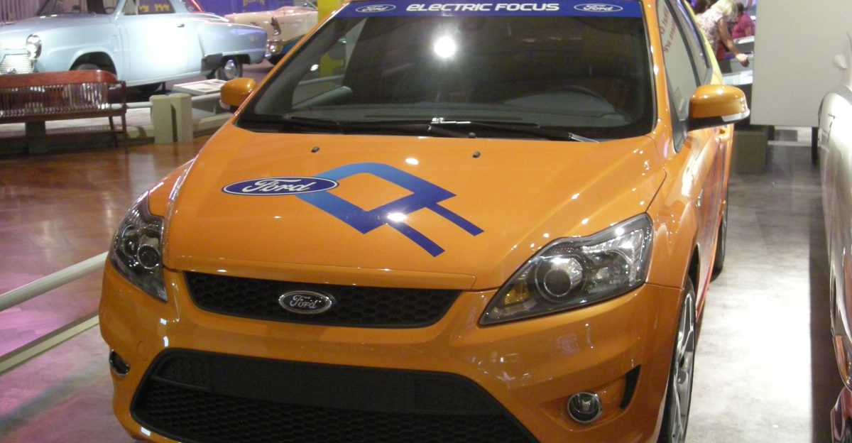 A 2009 Ford Focus electric promotional vehicle on display at the Henry Ford Museum in Dearborn Michigan United States
