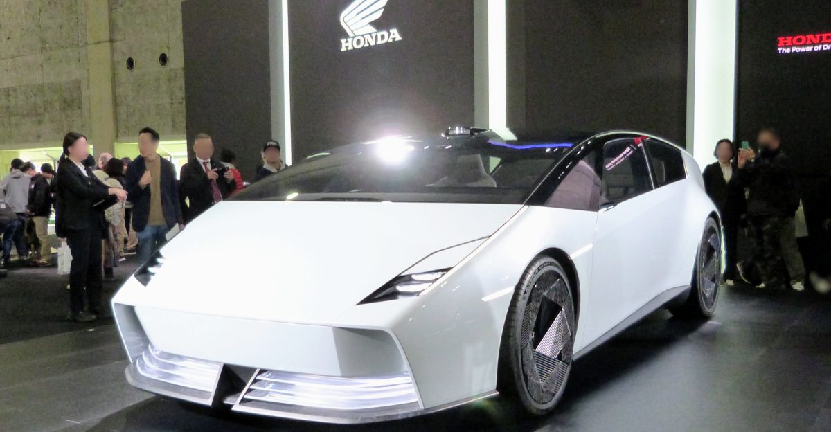 The Honda 0 Saloon Honda Zero Saloon electric vehicle concept model exhibited at the Japan Mobility Show Kansai in 2025