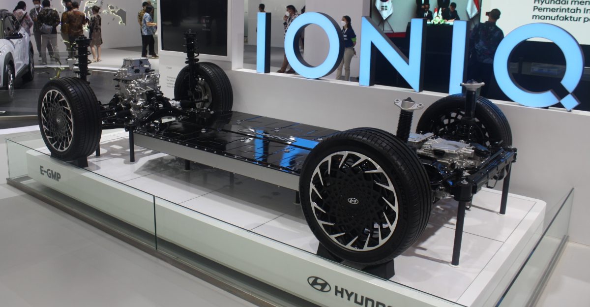 Hyundai Electric Global Modular Platform showcased at the 2021 Gaikindo Indonesia International Auto Show in Tangerang Regency Banten Indonesia