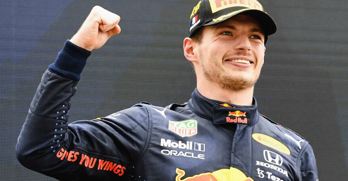 Max Verstappen on the podium after winning the 2021 French Grand Prix