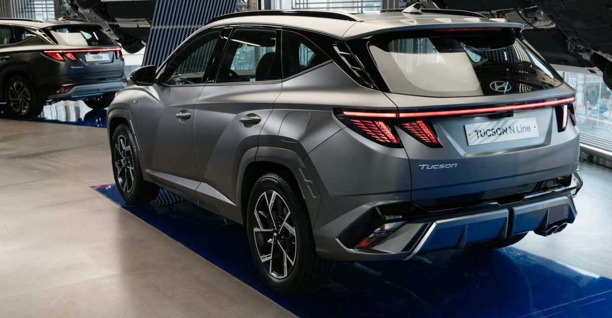 Hyundai Tucson N Line showcased in modern showroom setting with sleek design focus