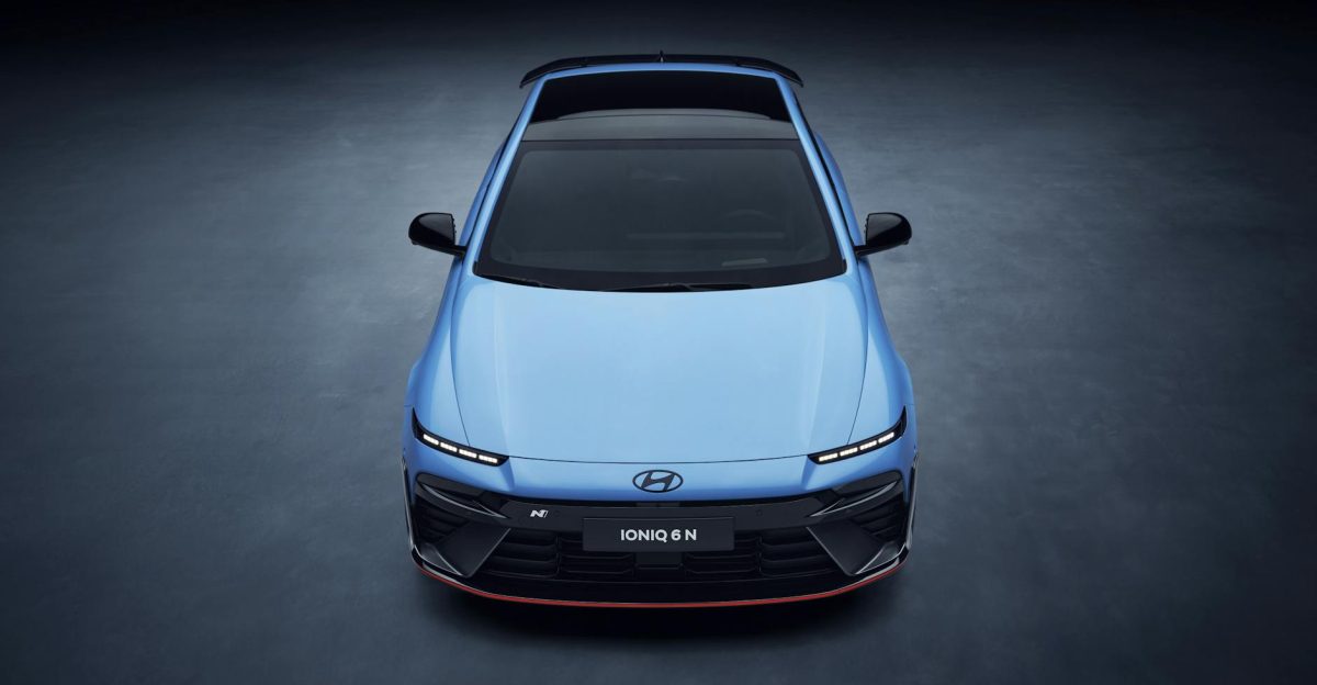 Front view of the Hyundai Ioniq 6 N electric vehicle with sophisticated design and lighting