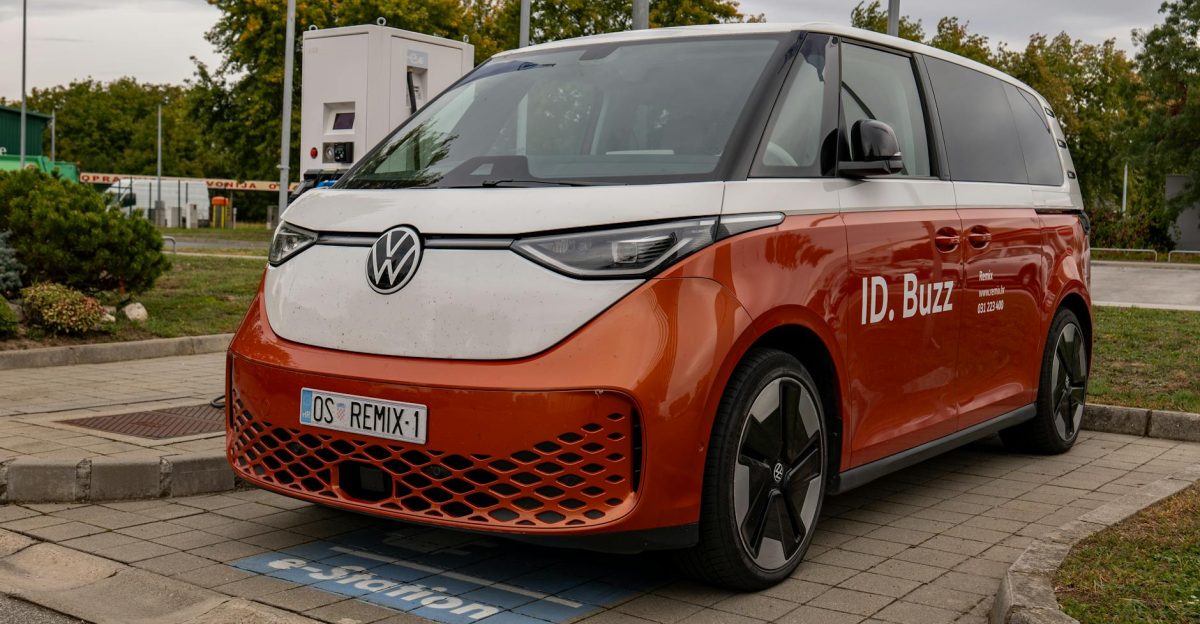 Volkswagen ID Buzz electric van parked at charging station in Osijek Croatia