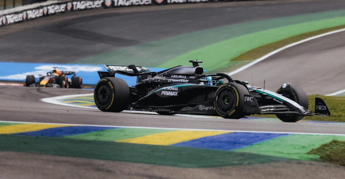 Formula 1 race cars competing at Interlagos Circuit in Brazil during a thrilling event