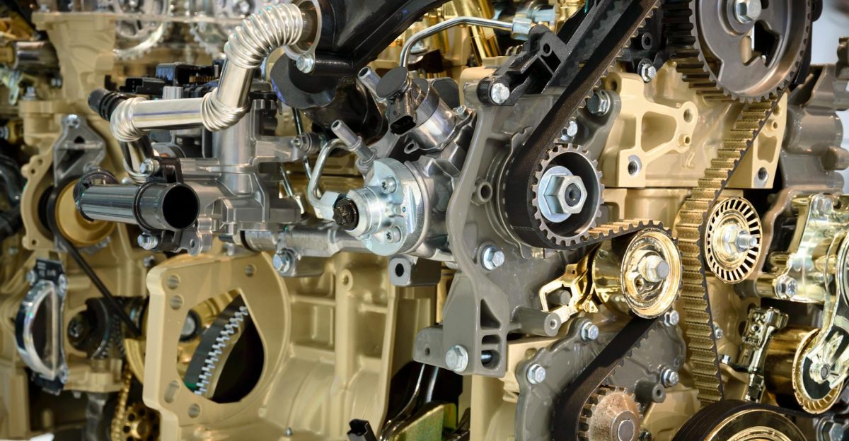 Detailed view of a modern car engine showcasing gears and mechanical components