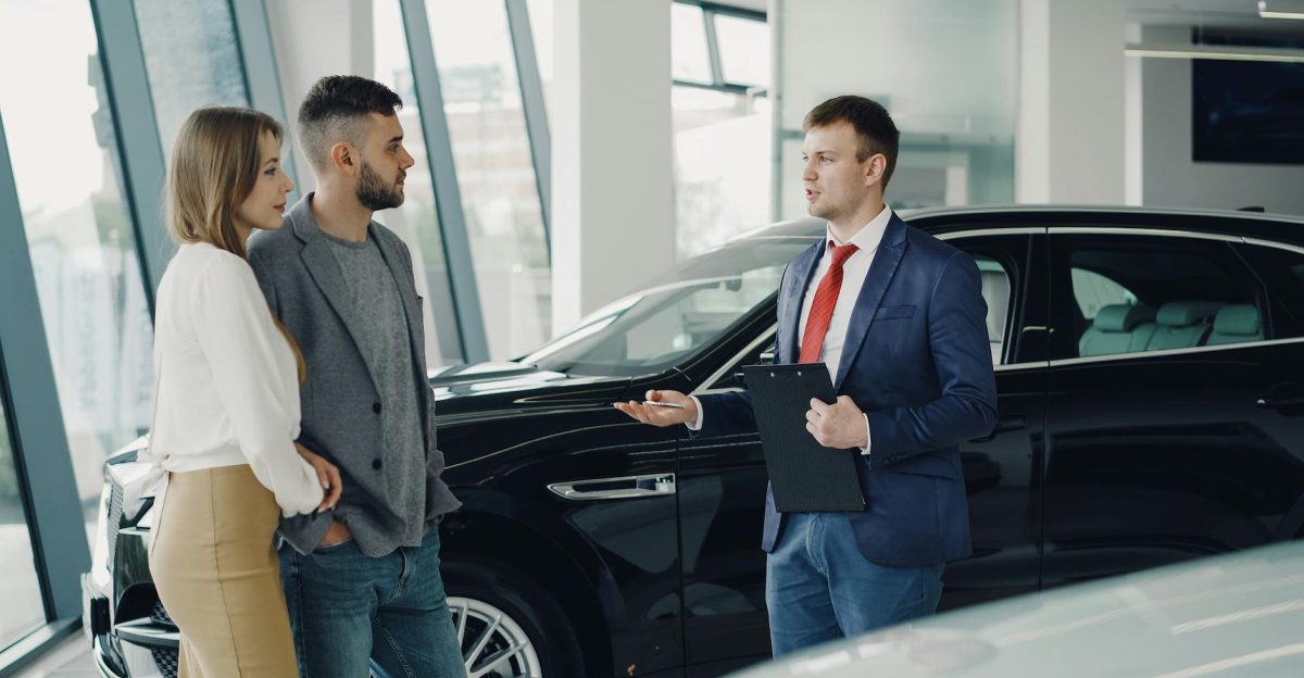 A couple talks with a salesman in a modern car showroom considering a vehicle purchase