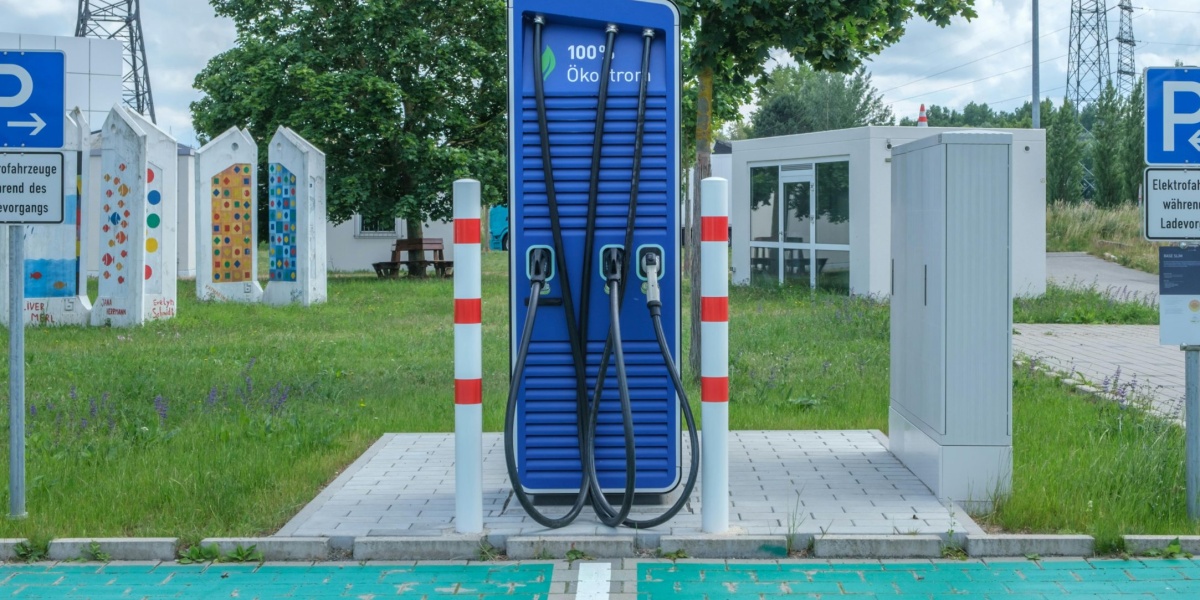 Public charging station with eco-friendly design for electric vehicles.