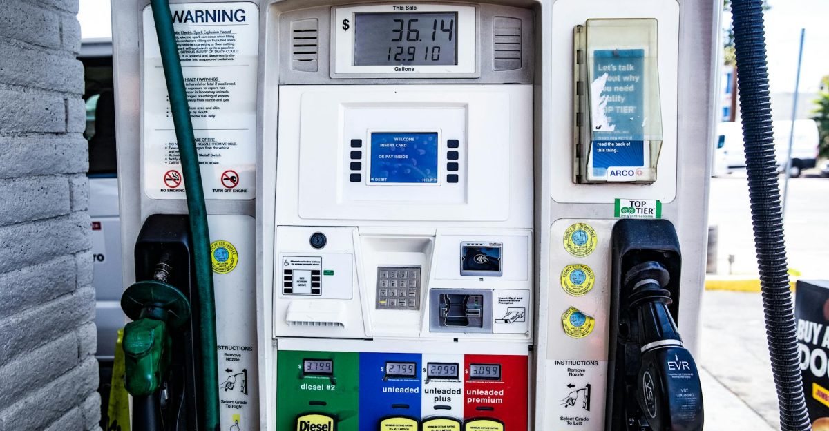 Close-up of a fuel pump showing gasoline and diesel options at a gas station in Los Angeles