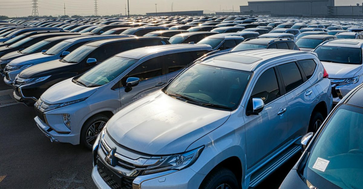 Aerial view of numerous modern cars parked outdoors in Bekasi Indonesia