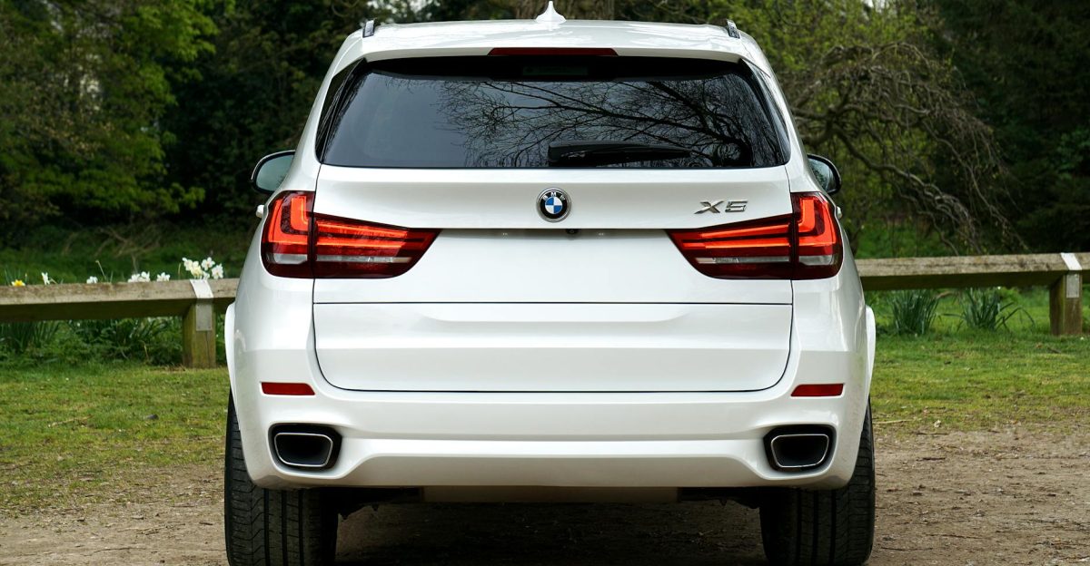 Rear view of a parked BMW X5 in a lush green outdoor setting illustrating luxury transportation