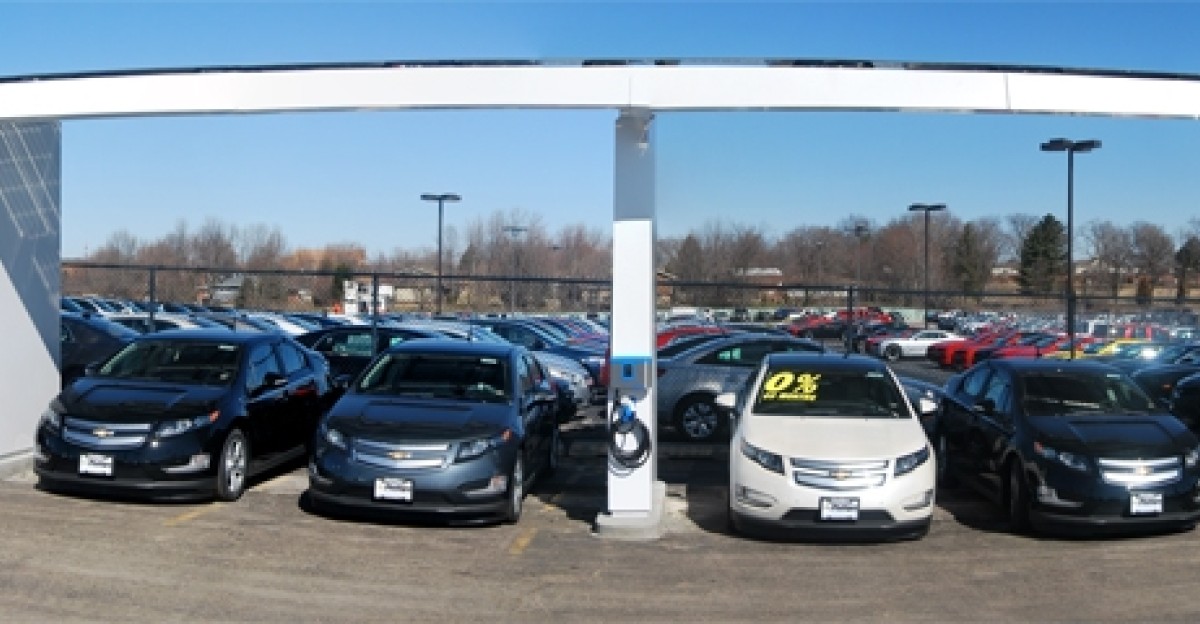 This is a picture of Phillips Chevrolet in Frankfort IL s 8 stall solar charging station for electric vehicles It is the first auto dealership solar charging station constructed in Illinois It has five charging stations and is free to the public