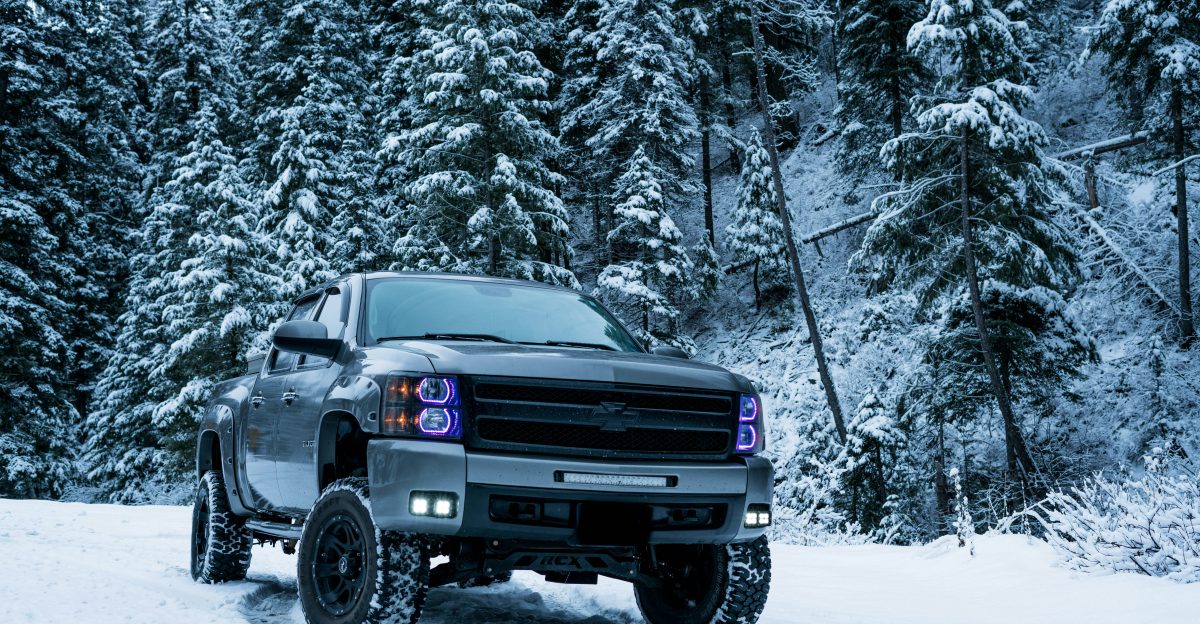 gray pickup truck on snow field surrounded by trees