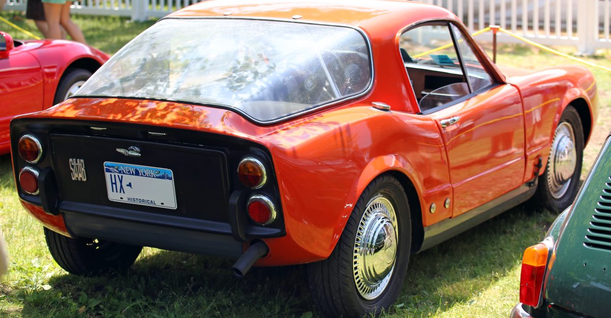 Rear view of 1966 SAAB Sonett II at the 2013 Greenwich Concours d Elegance Only 258 two-stroke Sonett IIs were built