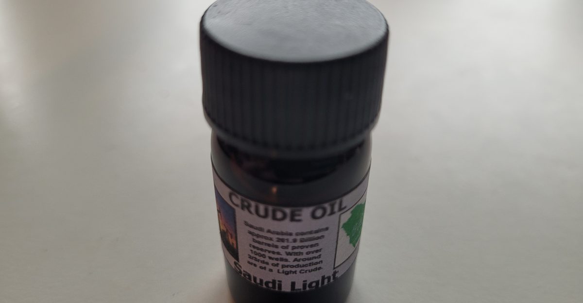 Small bottle containing Saudi Light crude oil