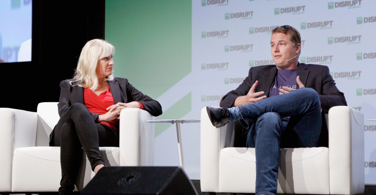 SAN FRANCISCO CA - SEPTEMBER 05 Board Member and Strategic Advisor Zoox Inc Laurie Yoler L and Aurora CEO Chris Urmson speak onstage during Day 1 of TechCrunch Disrupt SF 2018 at Moscone Center on September 5 2018 in San Francisco California Photo by Kimberly White Getty Images for TechCrunch