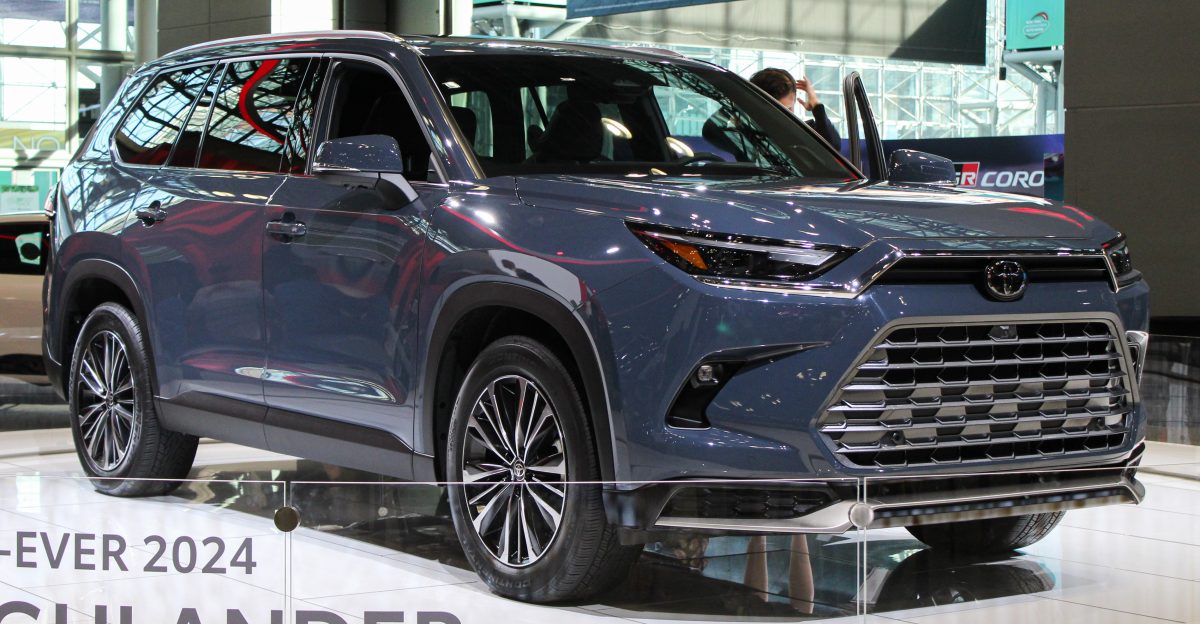 A 2024 Toyota Grand Highlander Platinum Hybrid Max photographed during the 2023 New York International Auto Show inside the Javits Convention Center at Hudson Yards New York
