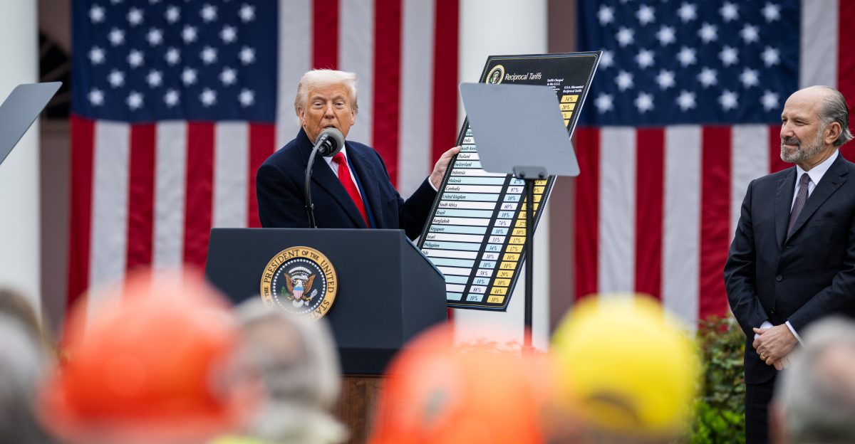 President Donald Trump signs an Executive Order on the Administration s tariff plans at a Make America Wealthy Again event Wednesday April 2 2025 in the White House Rose Garden Official White House Photo by Daniel Torok See also File 2025-April-02-Reciprocal tariffs left half jpg