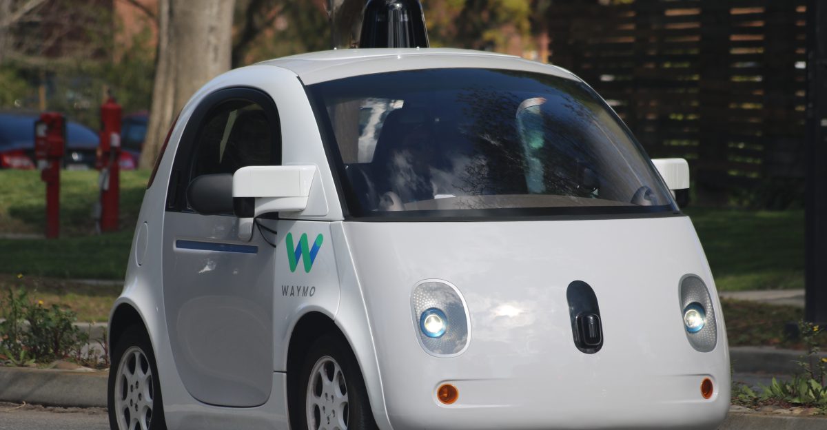 A Waymo self-driving car on the road in Mountain View Front view