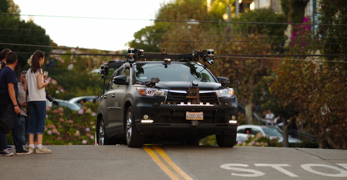 A Zoox autonomous prototype vehicle on Lombard St in San Francisco