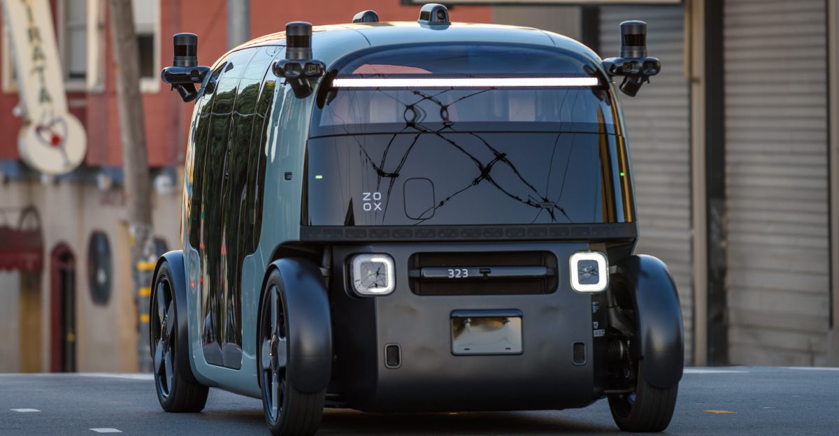 A Zoox Robotaxi crosses Potrero St in San Francisco