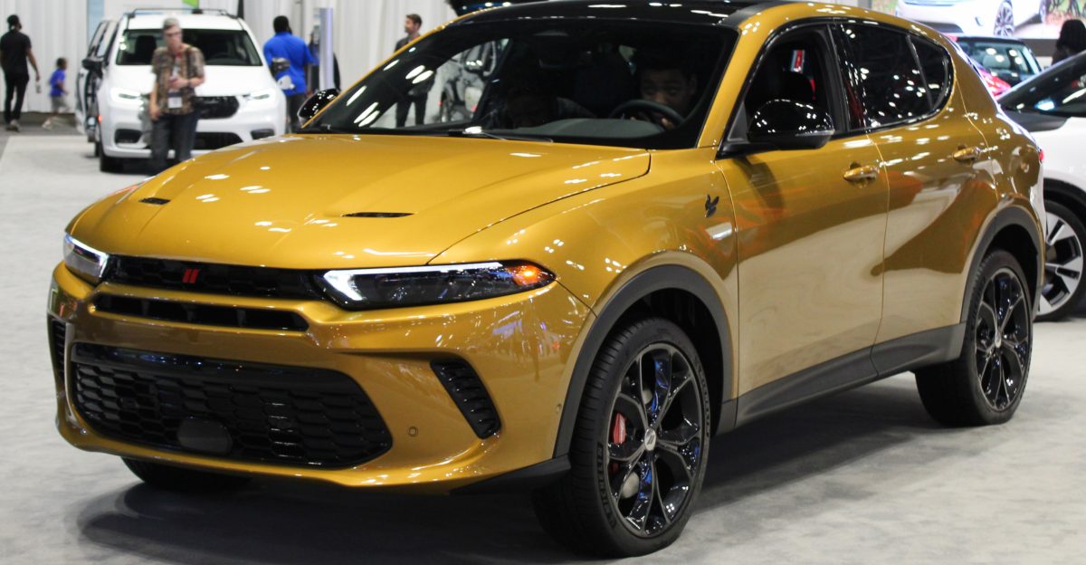 A 2023 Dodge Hornet RT in Acapulco Gold photographed during the 2023 New York International Auto Show inside the Javits Convention Center at Hudson Yards New York