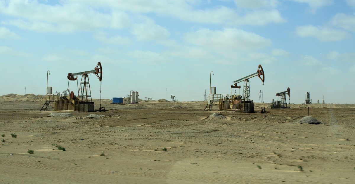 Oil well donkeys operating in the desert east of Bugdayly Balkan Province Turkmenistan in April 2017