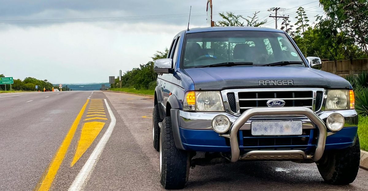 Blue Ford Ranger parked on a roadside in scenic Dorset KZN South Africa