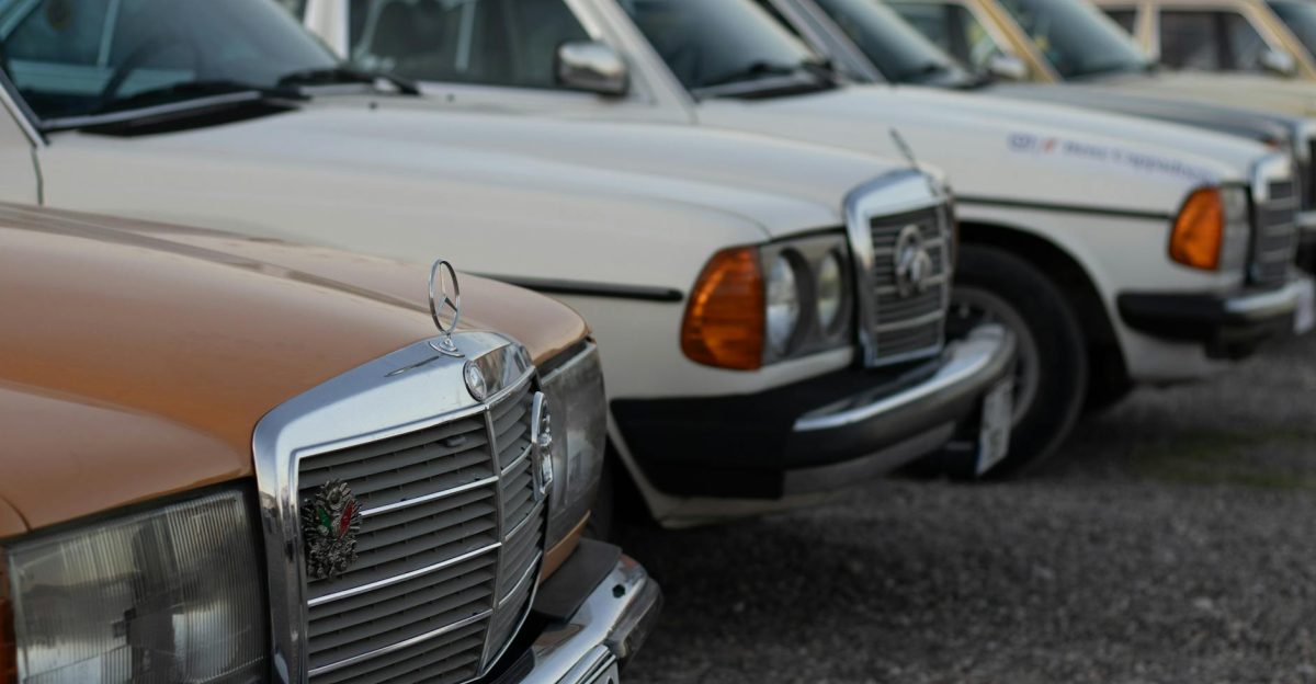 Lineup of classic Mercedes-Benz cars featuring vintage models at an outdoor car show