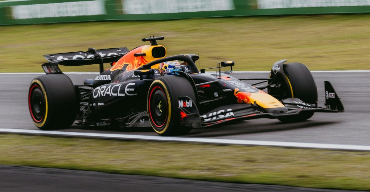 Dynamic shot of a Formula 1 race car speeding at the Interlagos track in S o Paulo Brazil