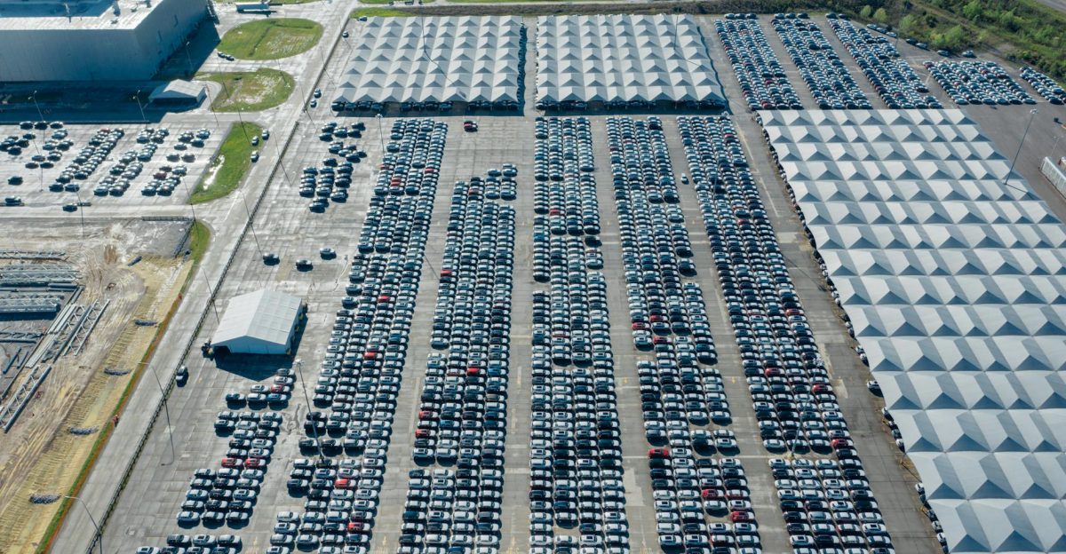 Aerial view of a vast car storage facility in Chattanooga Tennessee