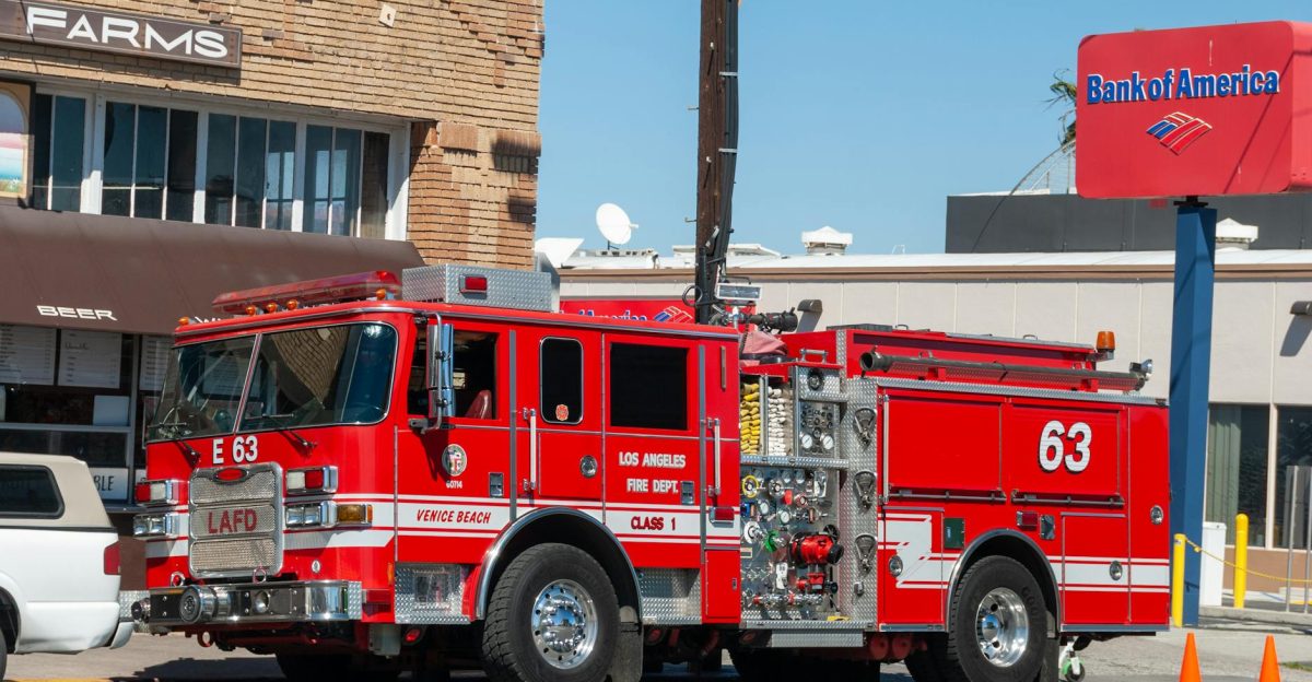 LAFD fire truck parked on a sunny Los Angeles street by local businesses