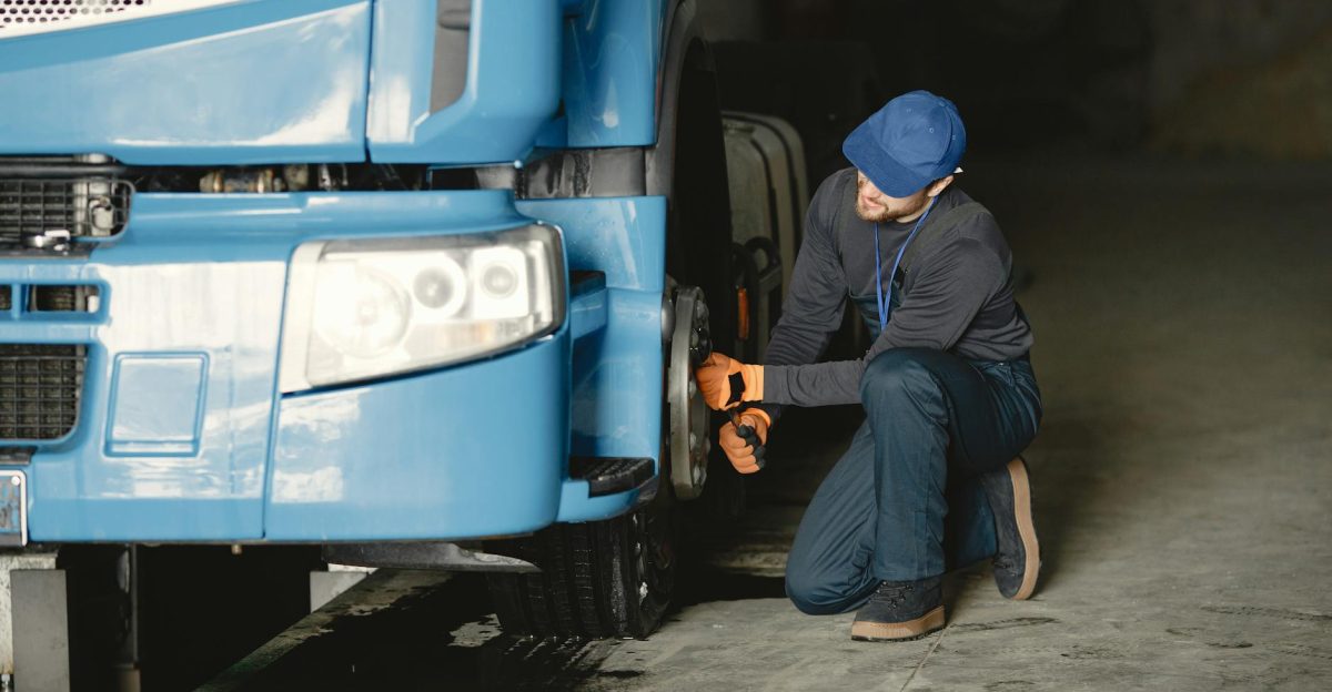 Mechanic in a garage fixing the wheel of a blue truck Industrial vehicle maintenance