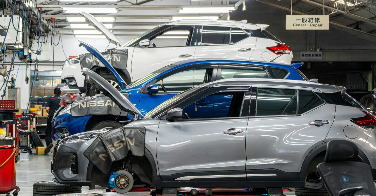 Cars being repaired in a workshop