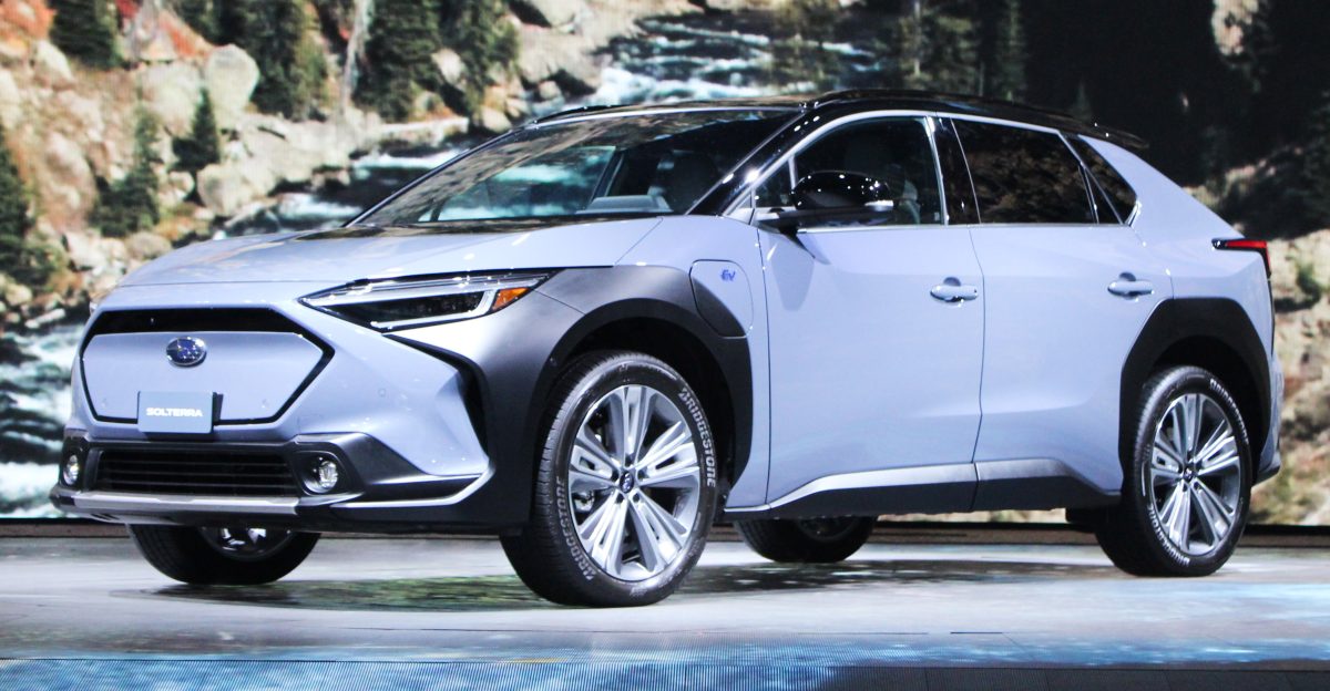 A 2023 Subaru Solterra EV photographed during the 2022 New York International Auto Show inside the Javits Convention Center at Hudson Yards Manhattan New York