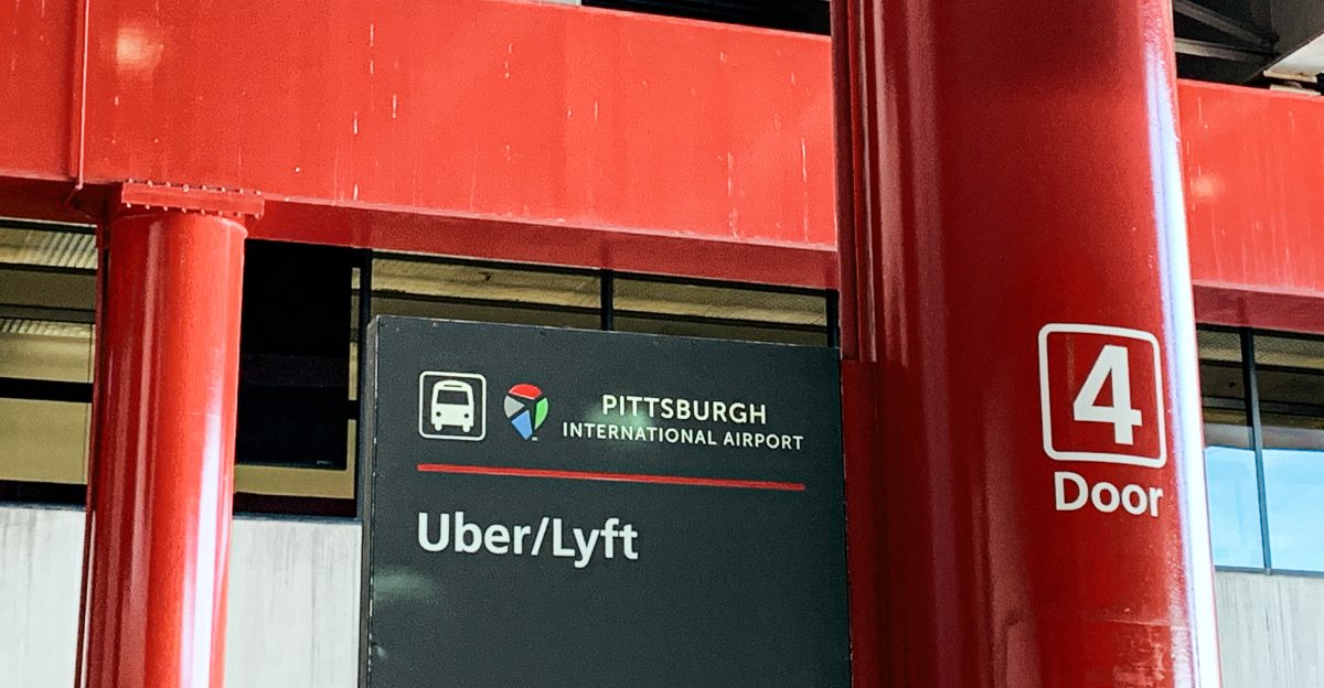 The designated door for flight arrival pickup by Uber and Lyft drivers at Pittsburgh International Airport in Pittsburgh Pennsylvania